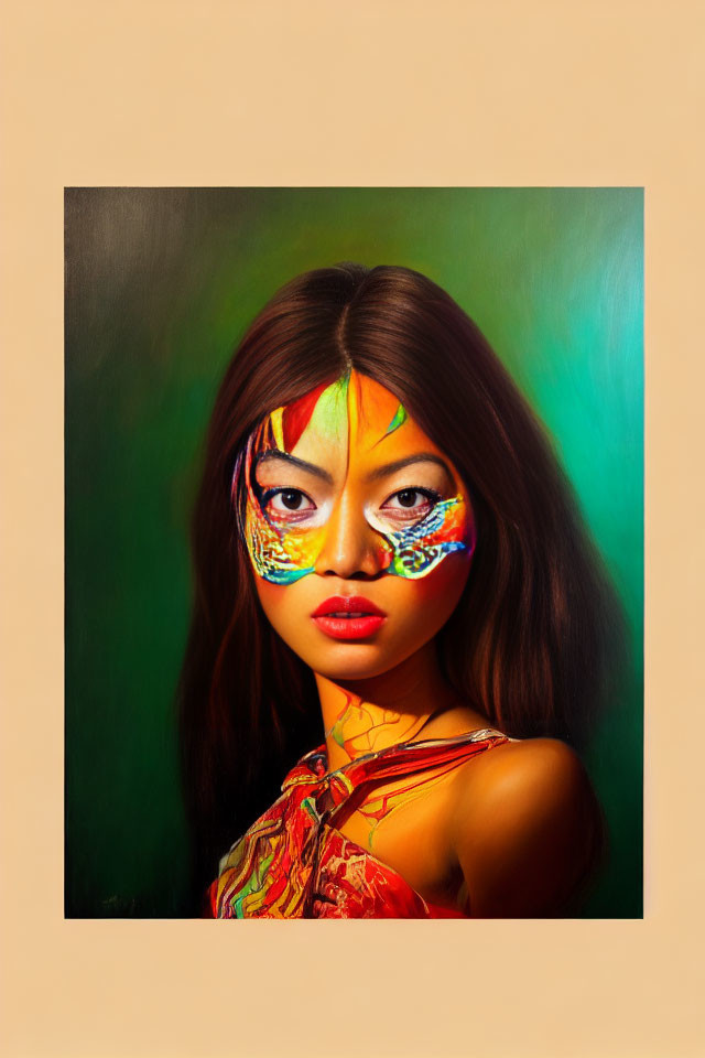 Colorful Face Paint Portrait with Contemplative Expression