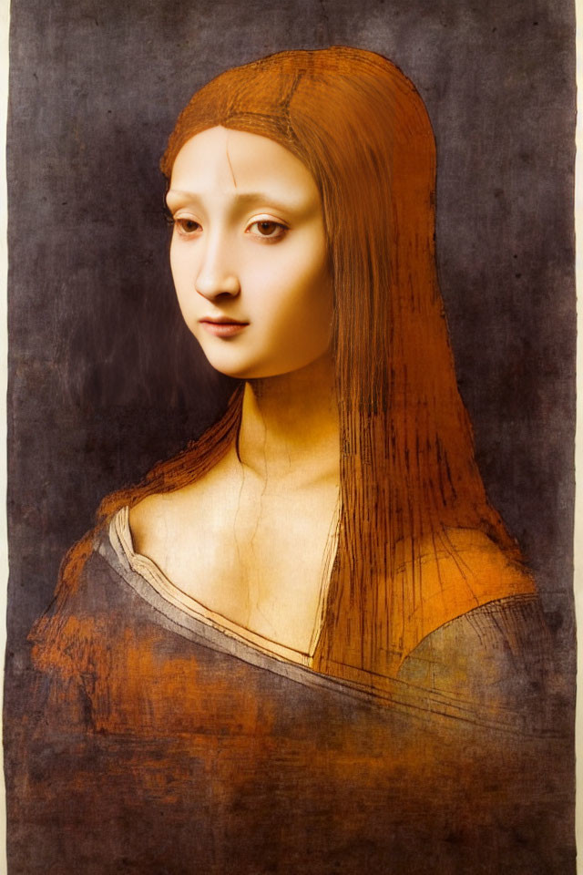 Digitally altered Mona Lisa with elongated features and intense gaze