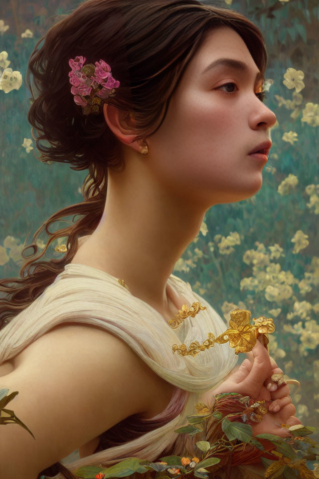 Woman with Flowers in Hair on Floral Background Exudes Classical Beauty