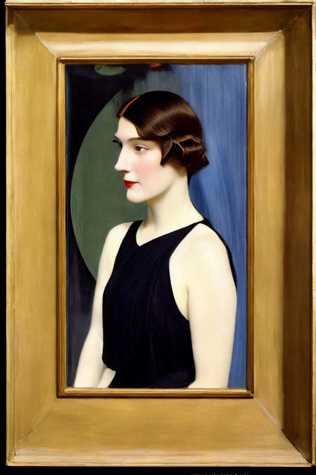 Portrait of Woman with Bobbed Hair in Black Dress on Green Background