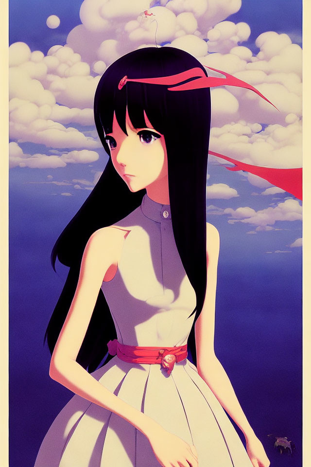 Anime-style girl with long black hair in white dress and red ribbon under cloudy sky