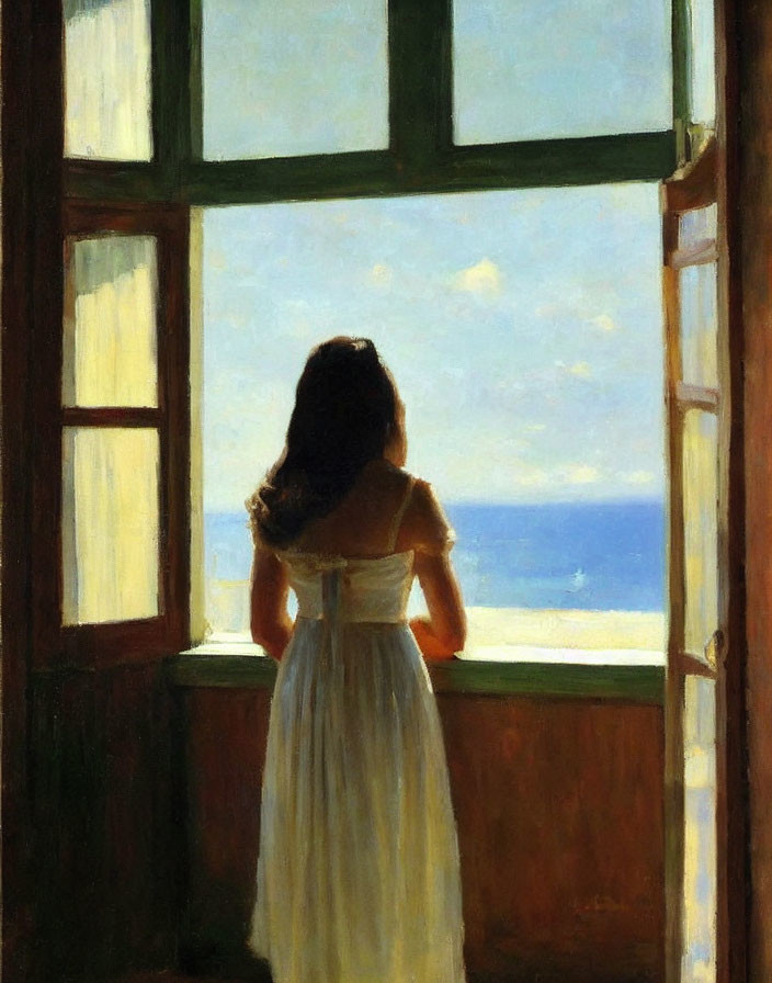 Woman in White Dress by Open Window Overlooking Sea and Bright Blue Sky