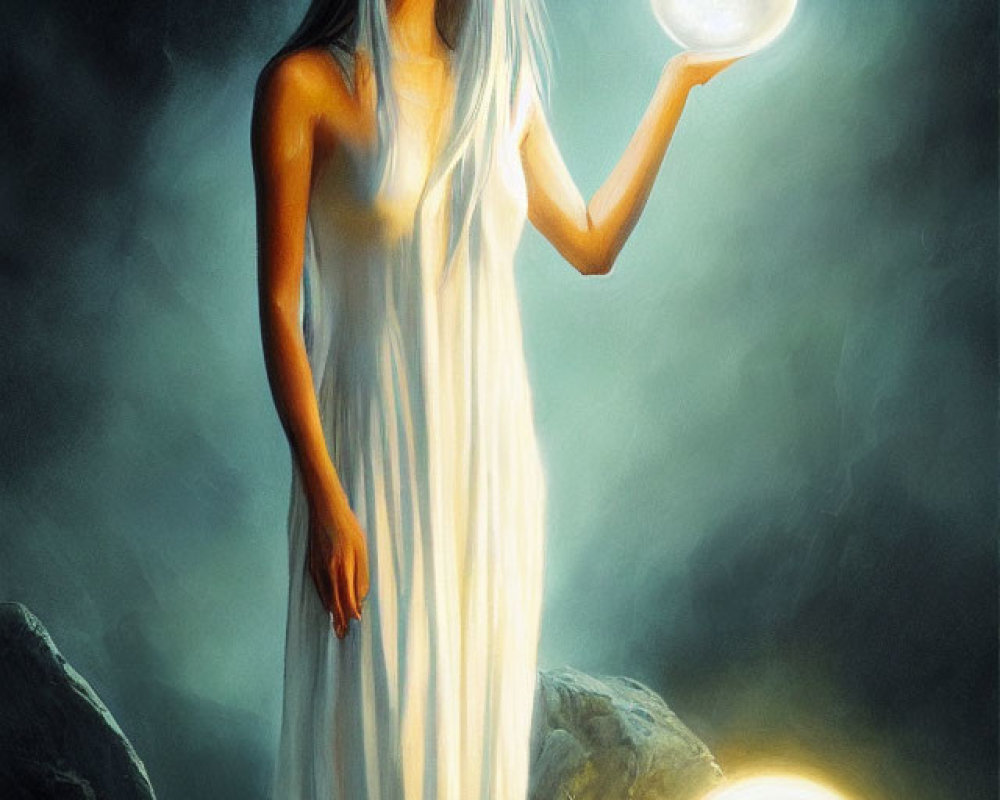 Mystical figure in white robes with glowing orbs on rocky terrain