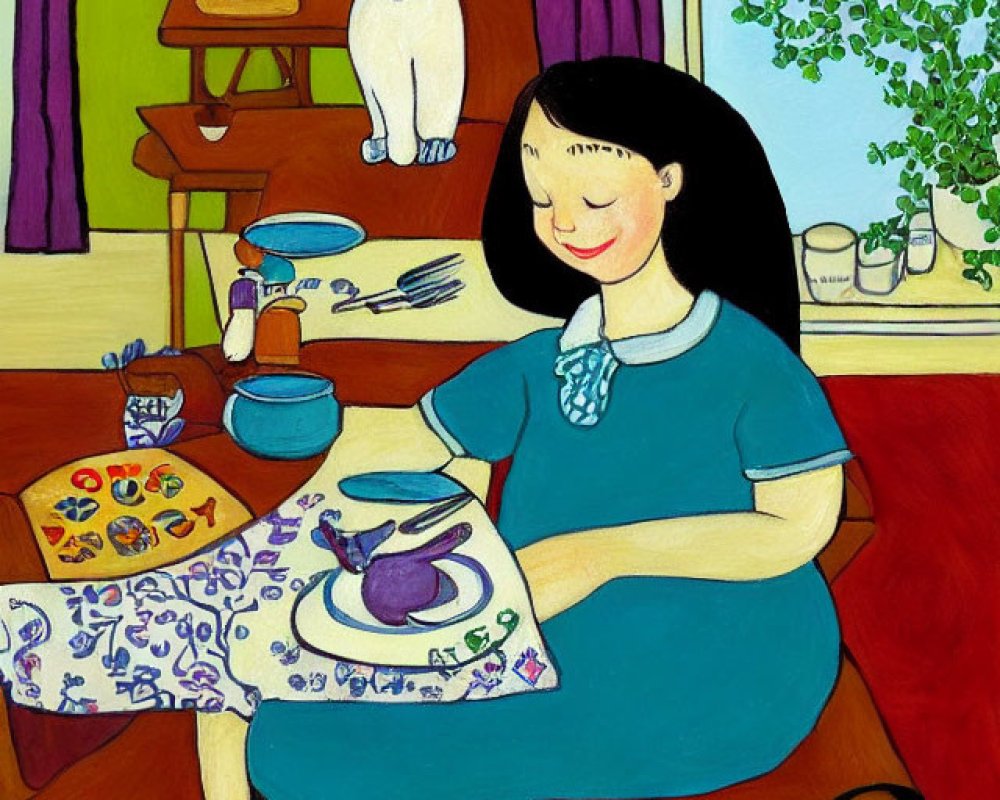 Woman in Blue Dress with Teapot, Cups, and Cats on Shelf and Floor