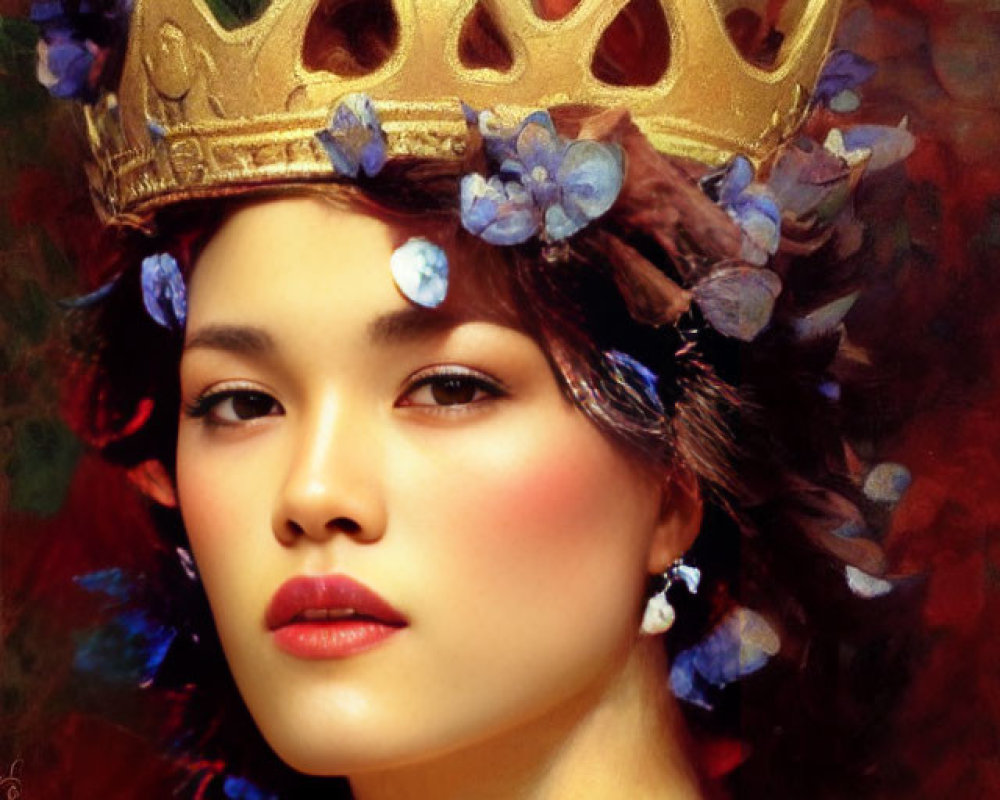 Portrait of woman with golden crown and blue flowers on red background