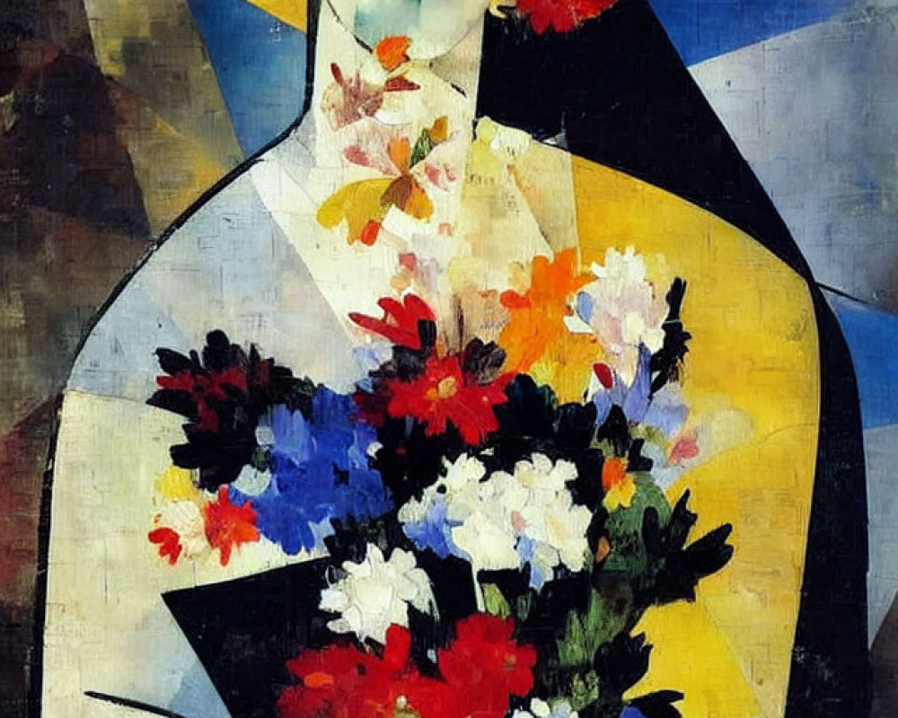 Vibrant Cubist-style painting with figure and flower bouquet
