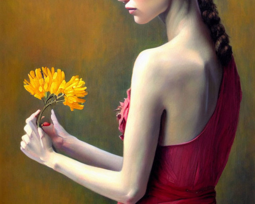 Woman in red dress with braided hair holding yellow flower in pensive pose