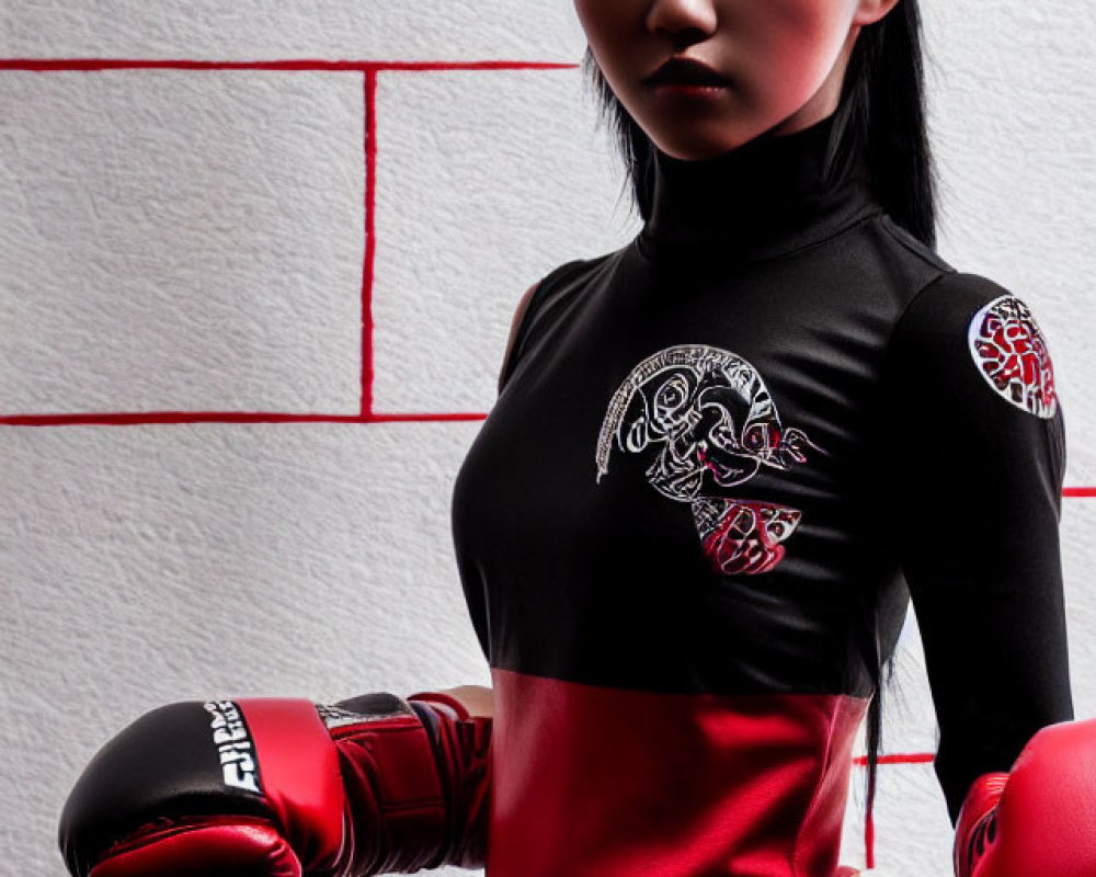 Confident woman in black and red martial arts outfit with boxing gloves against white brick wall.