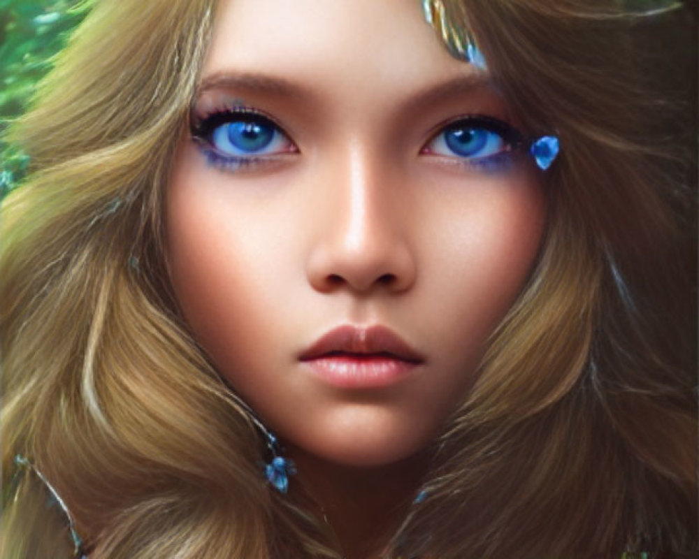 Portrait of a woman with blue eyes and forest-inspired adornments