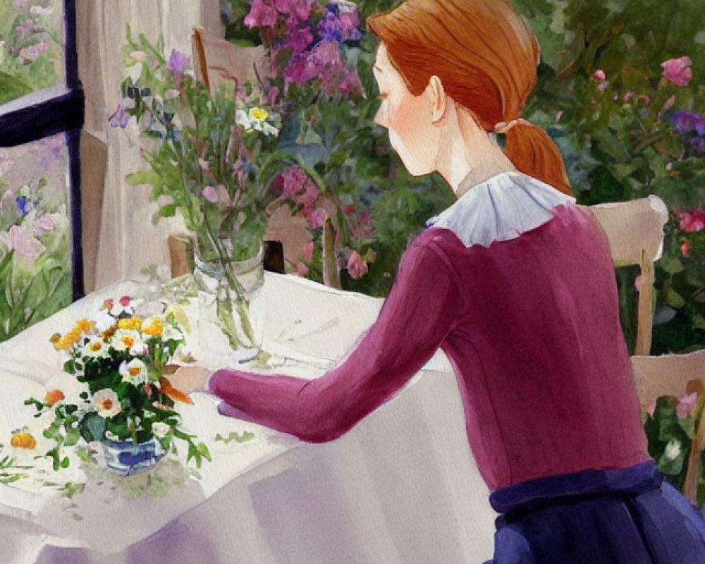 Red-haired woman arranging bouquet at table with garden view