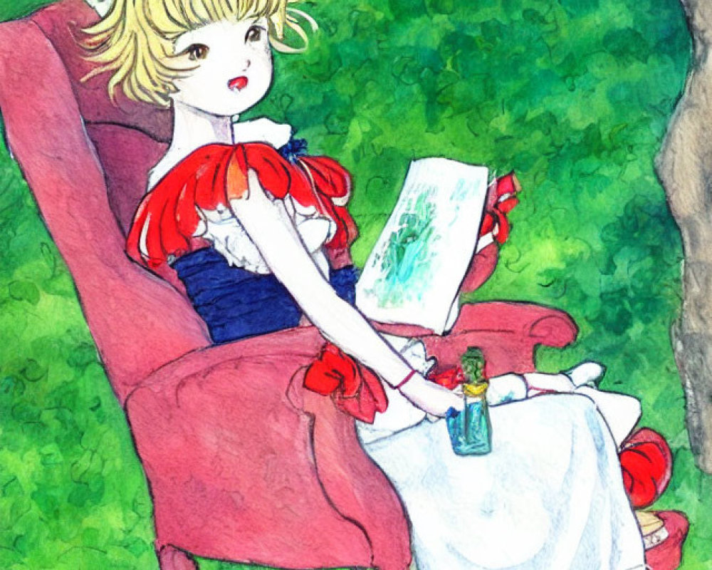 Blonde Anime Girl Reading Book Outdoors on Red Chair