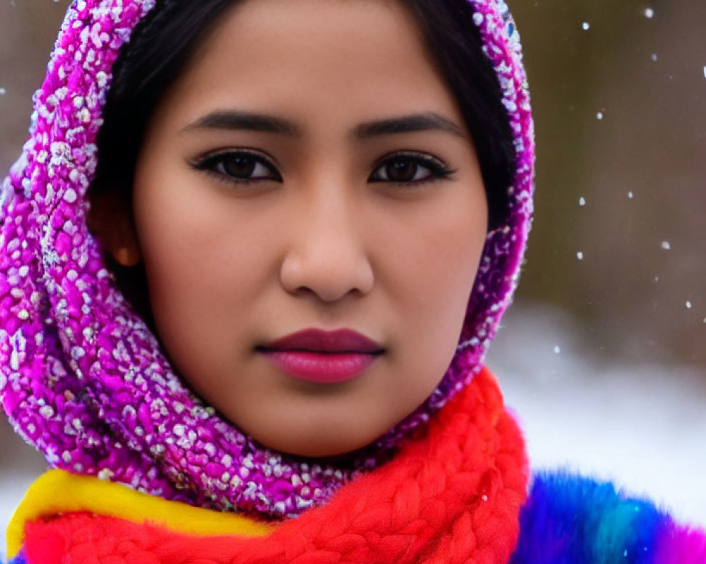 Colorful Sequined Hood and Vibrant Scarf Portrait with Snowflakes