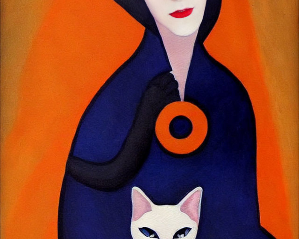 Stylized painting of person with closed eyes holding white cat on orange background