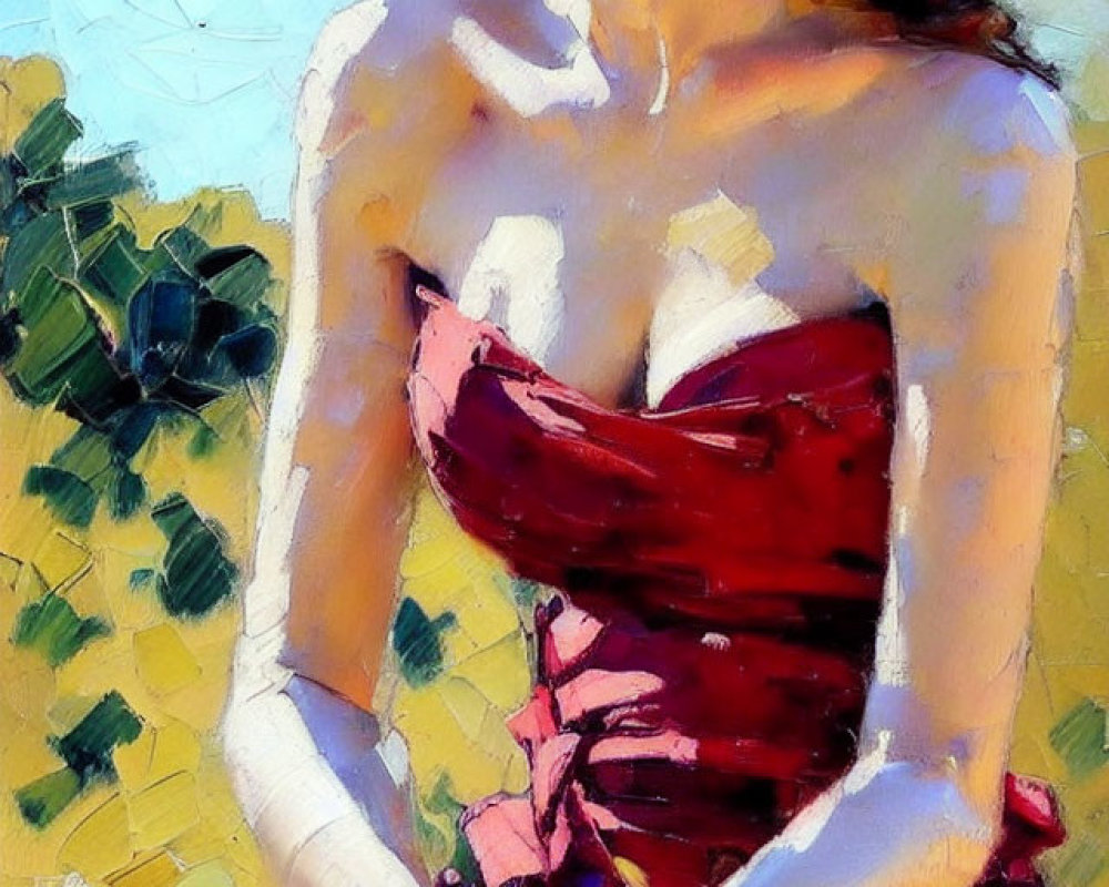 Stylized painting of woman in red hat and dress with textured background