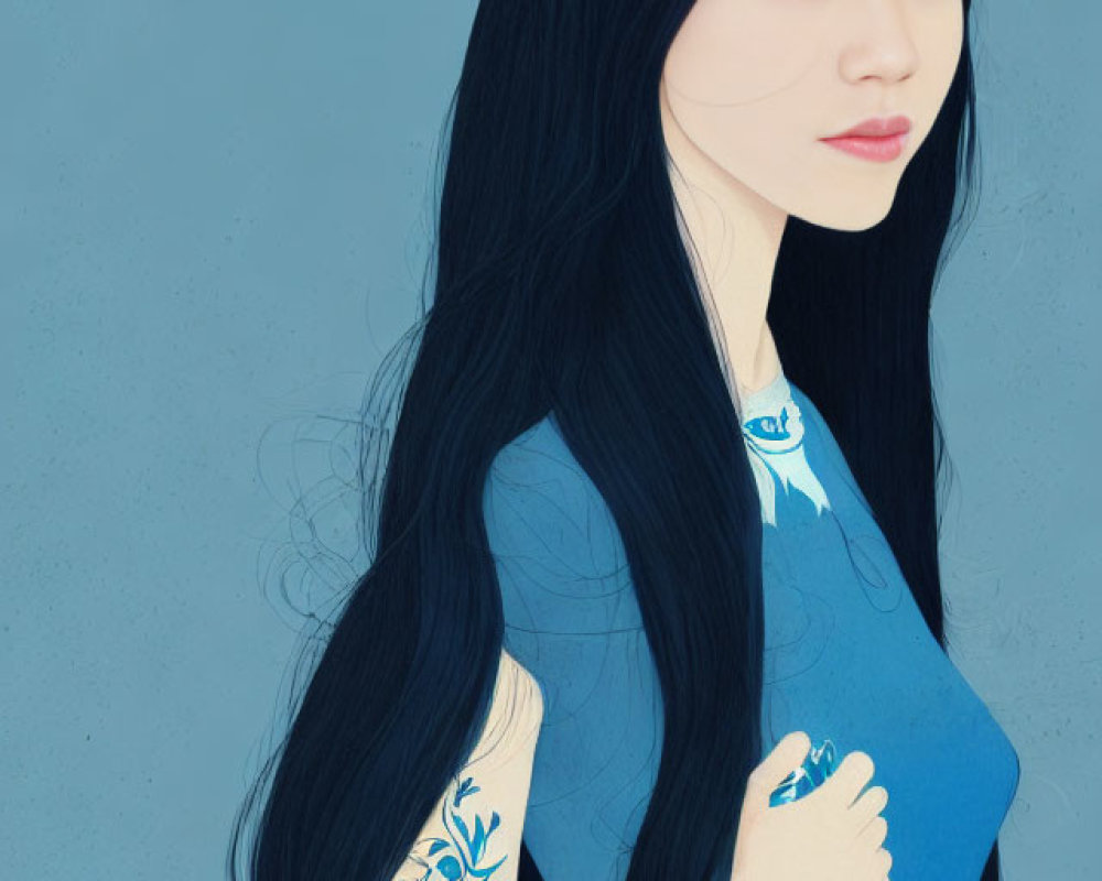 Digital illustration of woman with long black hair in blue dress with white floral patterns and matching tattoo.