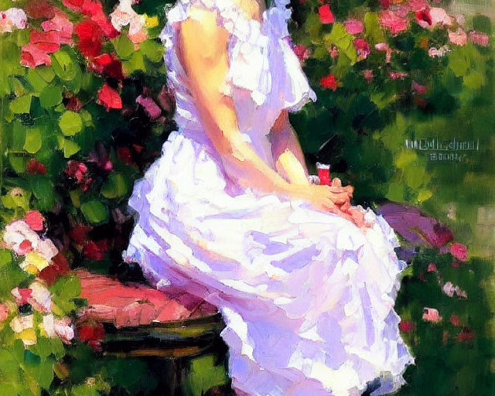 Woman in White Dress Surrounded by Flowers on Bench in Garden