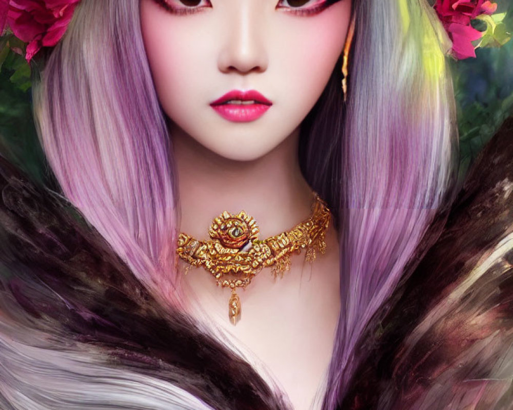 Fantasy female character with pink flowers, pink eyes, and gold necklace