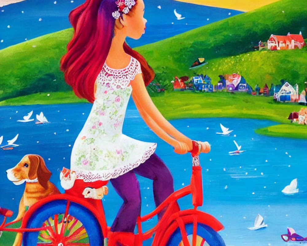 Colorful painting of girl with red hair on bike, dog, lake, hills, houses, birds