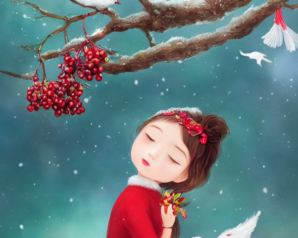 Whimsical illustration of girl in red dress with birds in snowy scenery