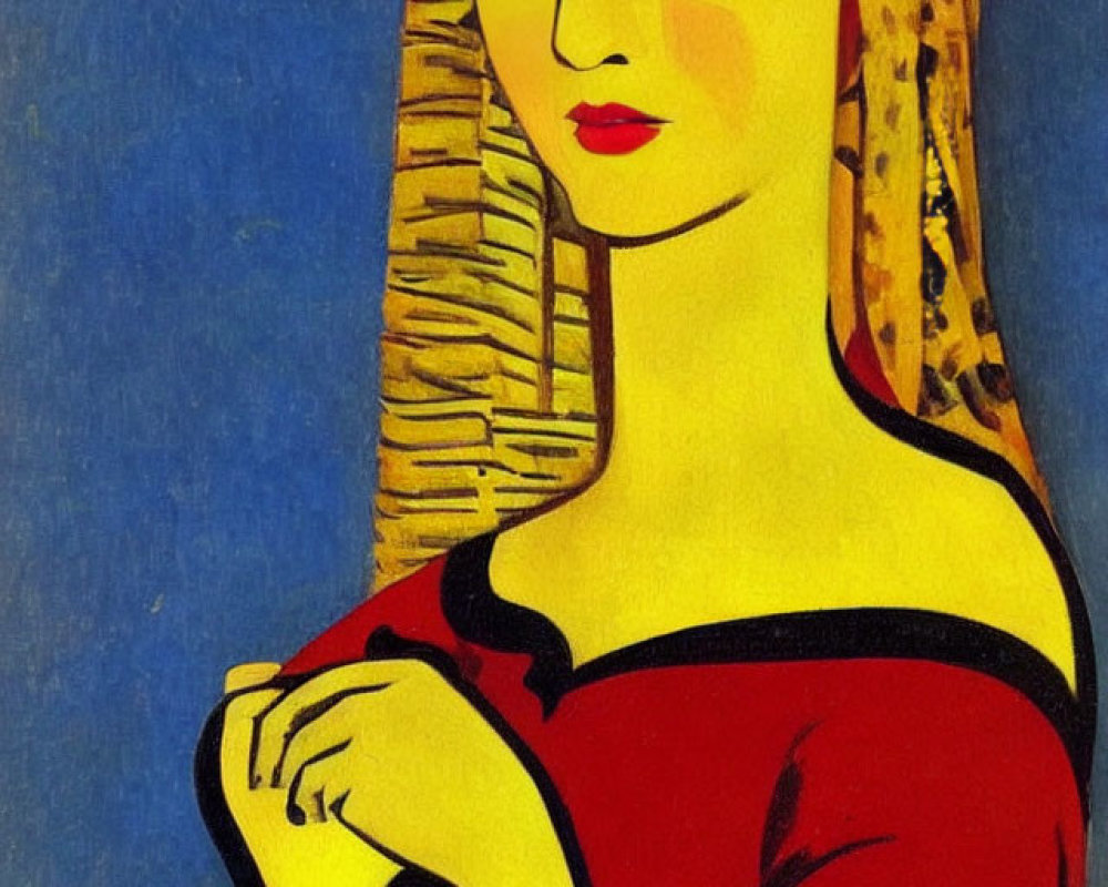 Abstract woman portrait with yellow hair and red dress on blue background and tan column