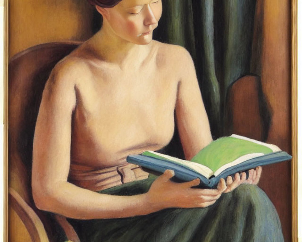 Tranquil painting of woman reading in warm green and brown ambiance