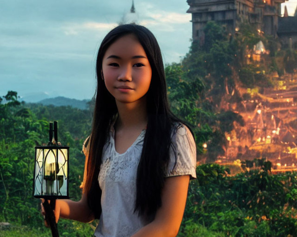 Young girl with lantern and castle at dusk