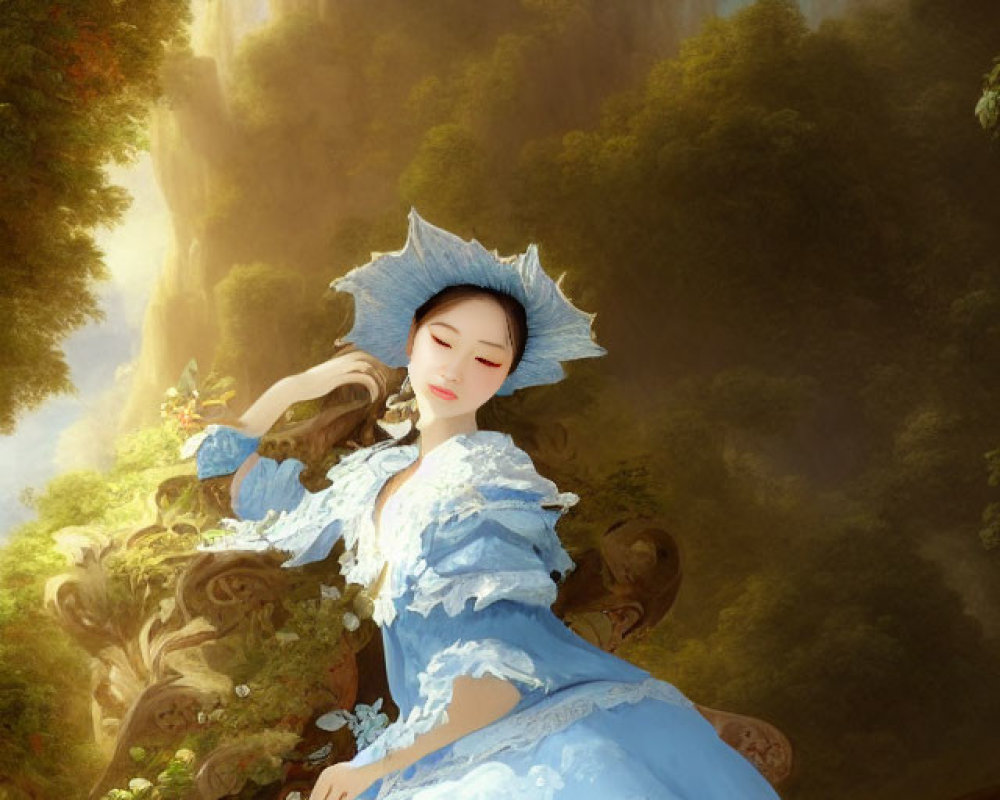 Woman in Blue Period Dress Relaxing in Forest Clearing