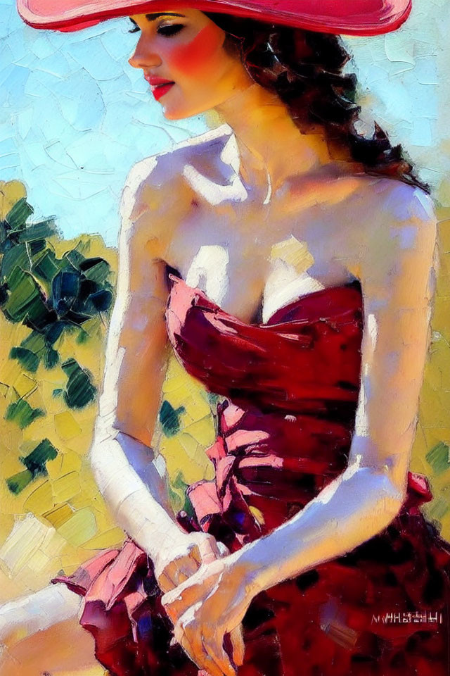Stylized painting of woman in red hat and dress with textured background