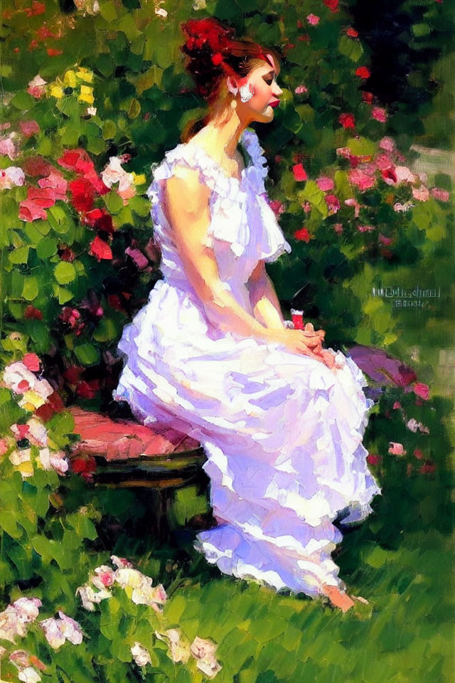 Woman in White Dress Surrounded by Flowers on Bench in Garden