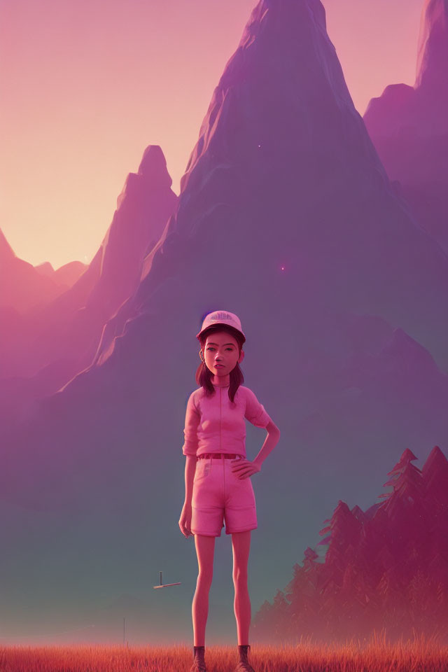 Stylized animated girl in pink outfit and white hat in pink landscape.