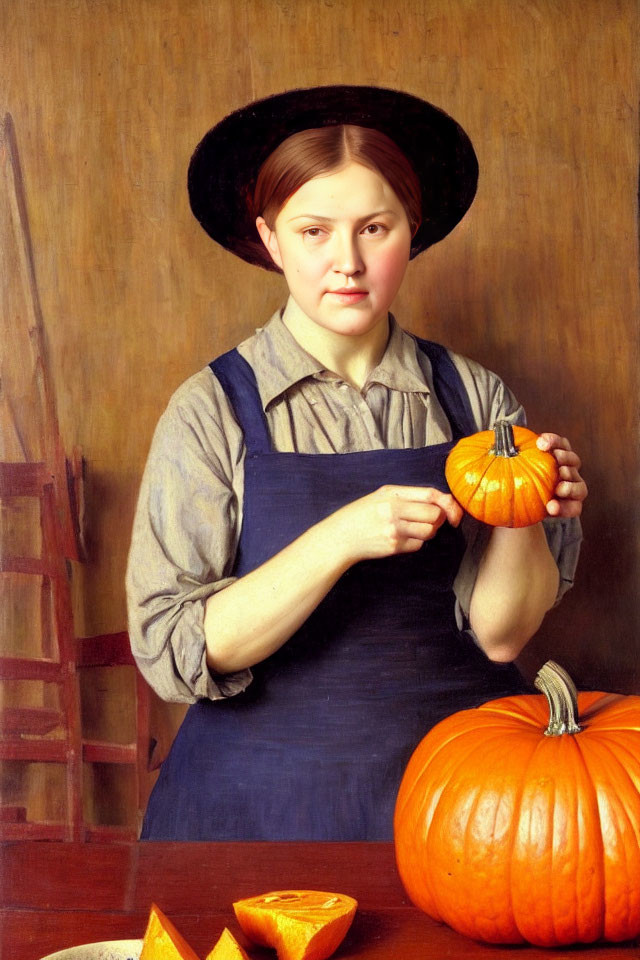 Person in Blue Apron Holding Small Pumpkin with Larger Pumpkin and Slices on Wooden Table