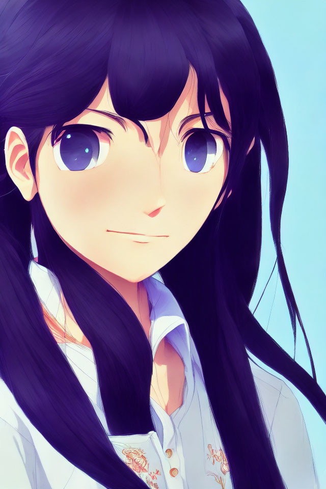 Female character with long black hair and large blue eyes in anime-style illustration.
