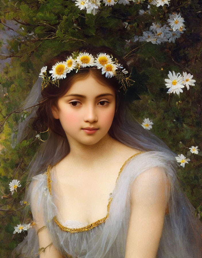 Young woman in daisy crown, blue dress with gold trim, surrounded by white flowers and greenery