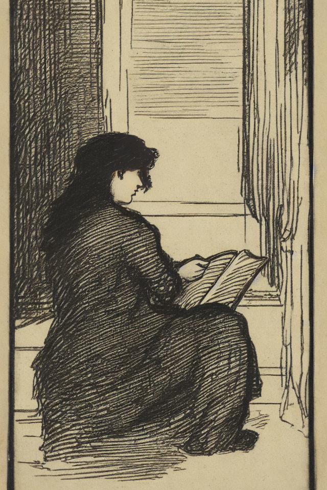 Vintage Illustration of Woman Reading Book by Window