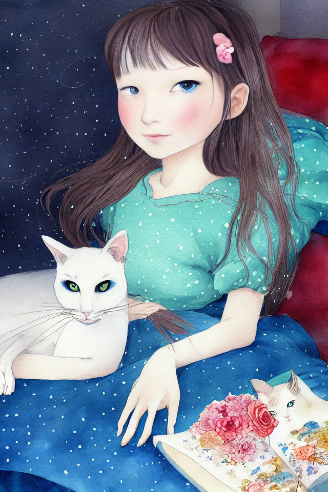 Girl with Long Brown Hair Sitting with White Cat and Illustration of Another Cat in Book
