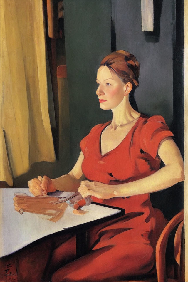 Portrait of woman in red dress at table, hands touching, looking away