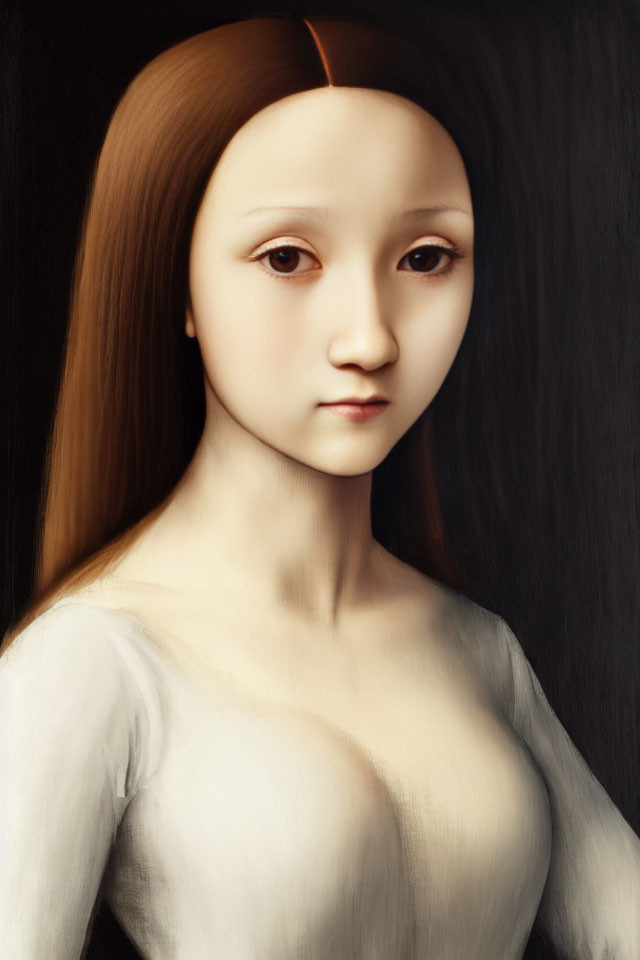 Portrait of woman with pale skin, long brown hair, dark eyes, against black background, Renaissance art