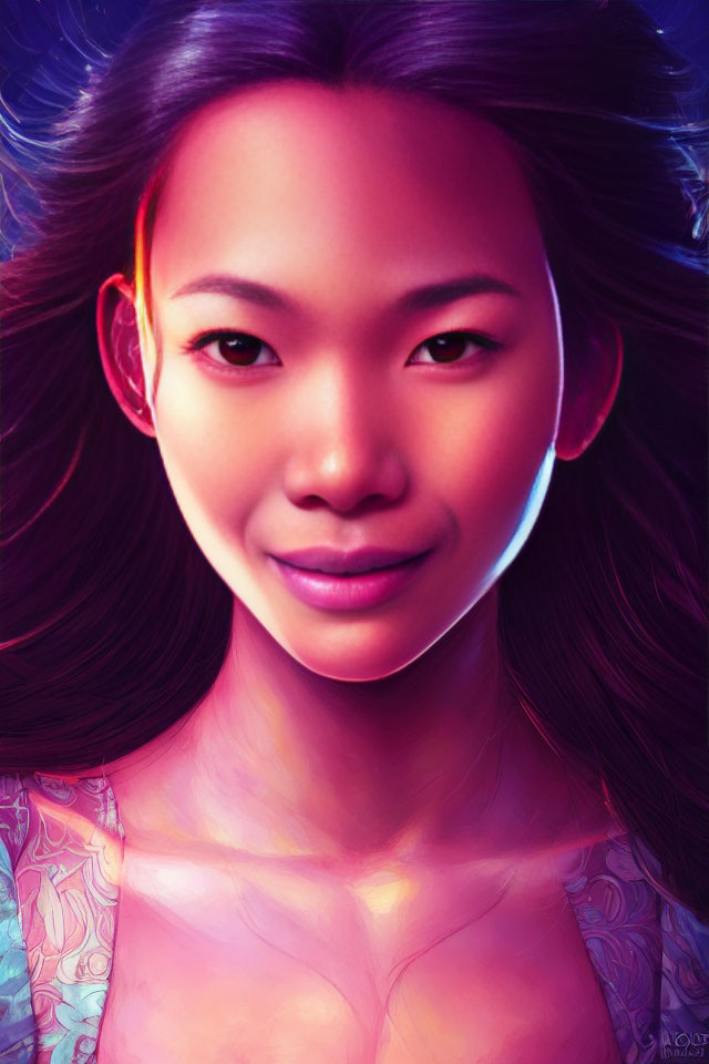Asian woman illustration with radiant skin and detailed hair under colorful light