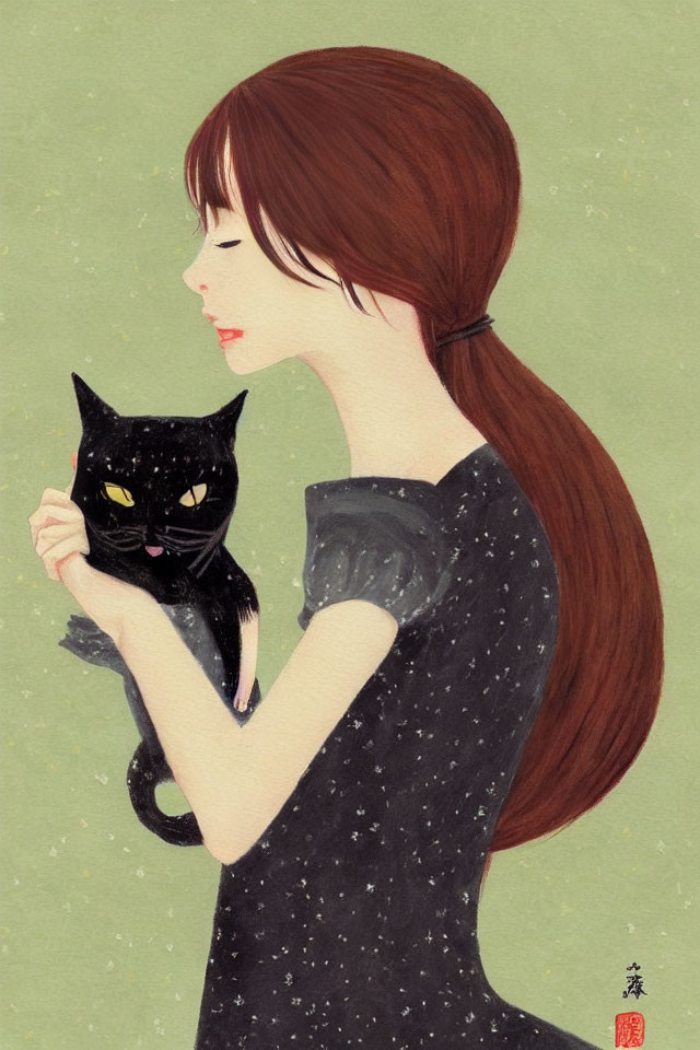 Woman with long brown hair holding black cat on green background