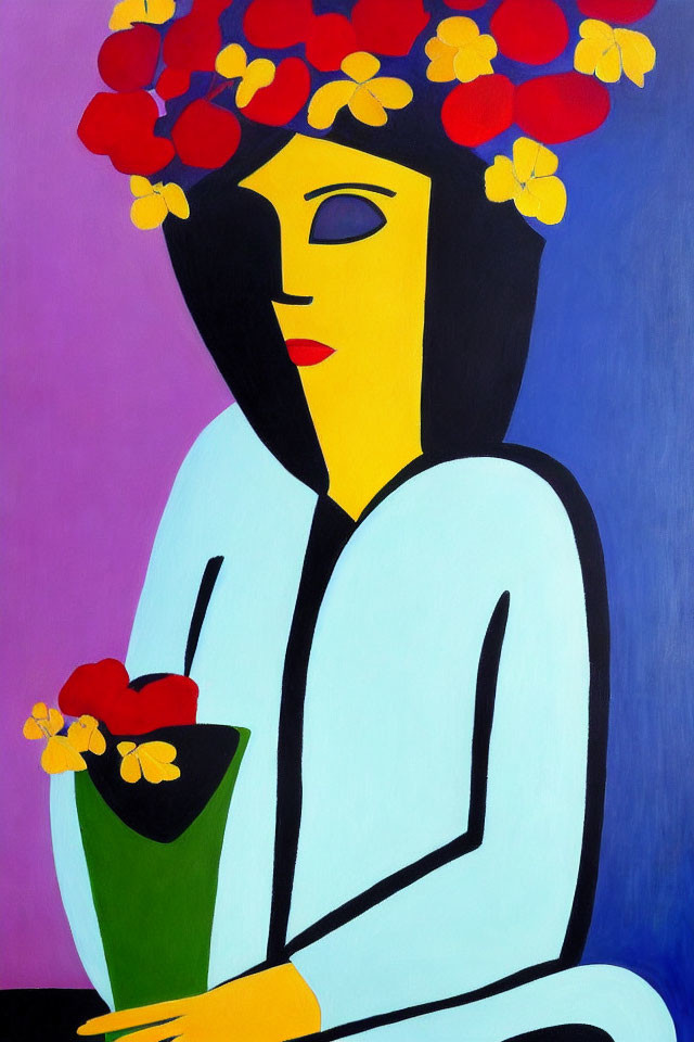 Colorful painting of woman with floral headpiece and vase.