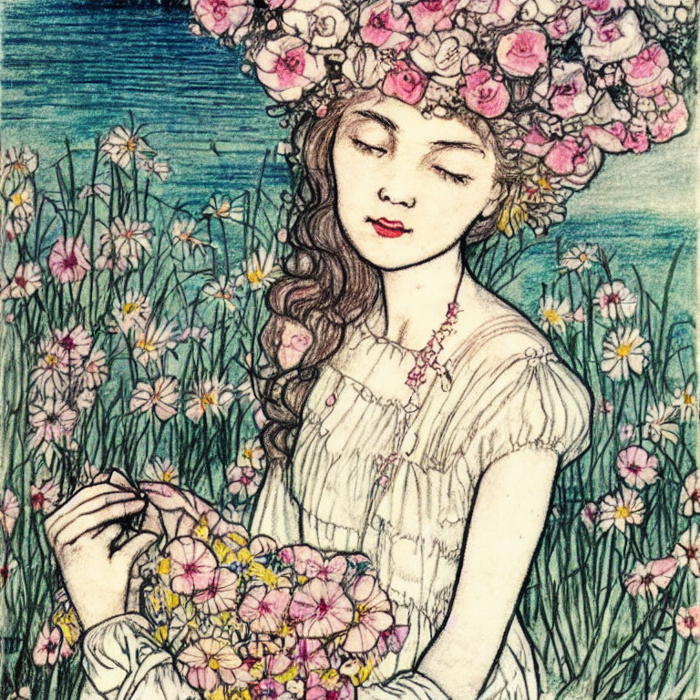 Vintage illustration of woman weaving floral garland in meadow