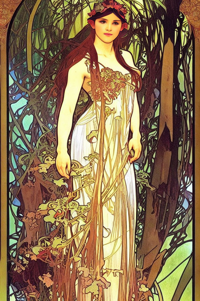 Art Nouveau backdrop with woman in modern dress and red headpiece