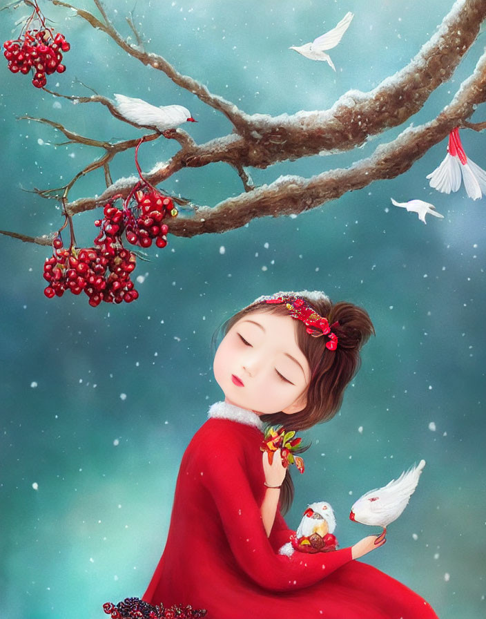 Whimsical illustration of girl in red dress with birds in snowy scenery