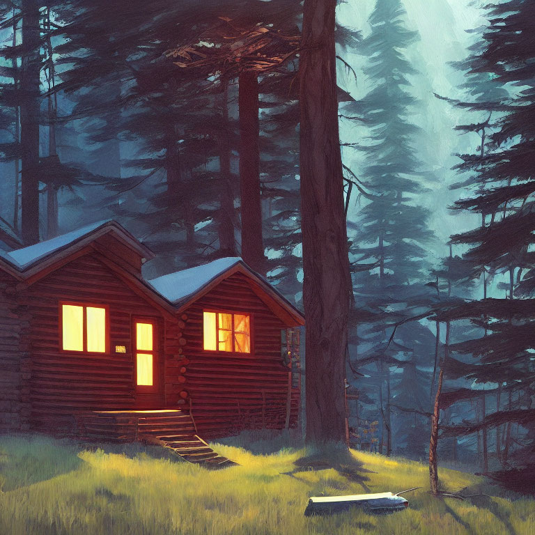 Tranquil digital painting of cozy log cabin in misty forest