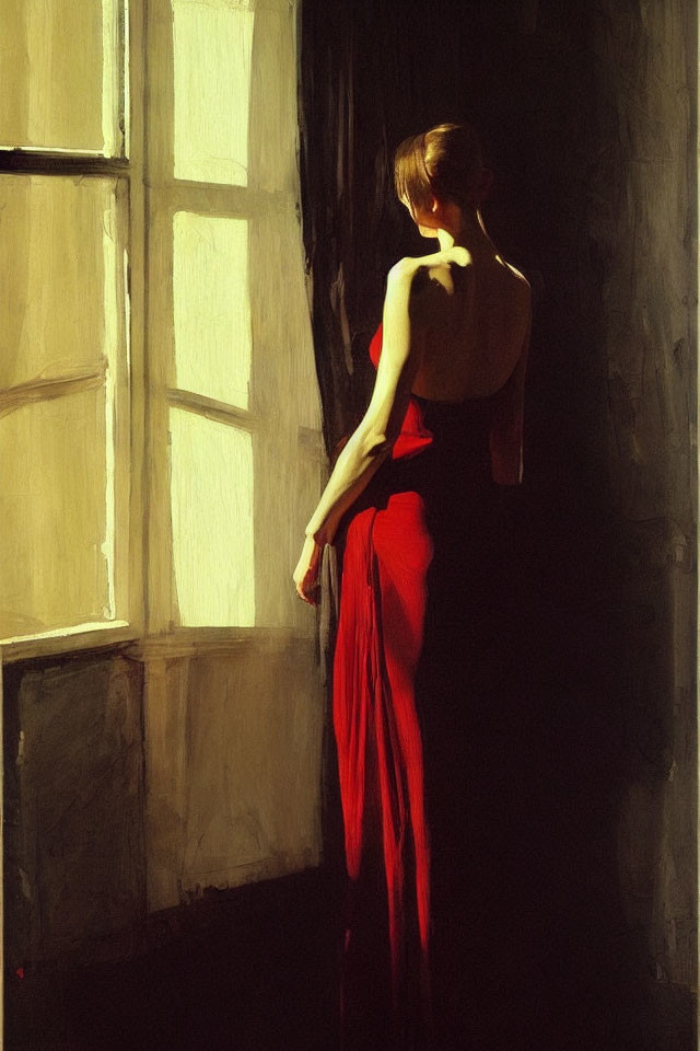 Woman in red dress by window in sunlit room with shadows