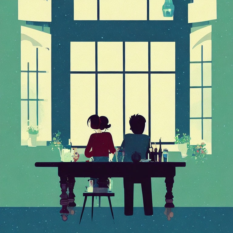 Two People Sitting at Table by Large Windows with Indoor Plants and Evening Sky