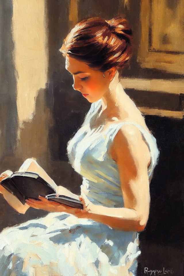 Woman in blue dress reading book in sunlight