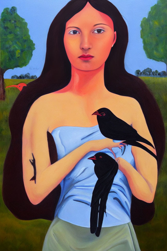 Portrait of a woman with long dark hair holding blackbirds outdoors