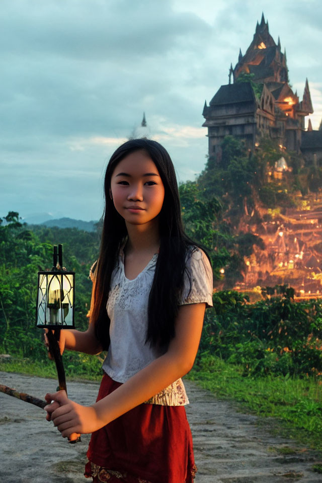 Young girl with lantern and castle at dusk