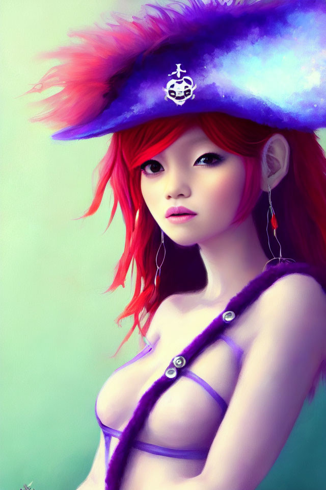 Digital artwork: Woman with red hair, blue pirate hat, and skull insignia outfit.